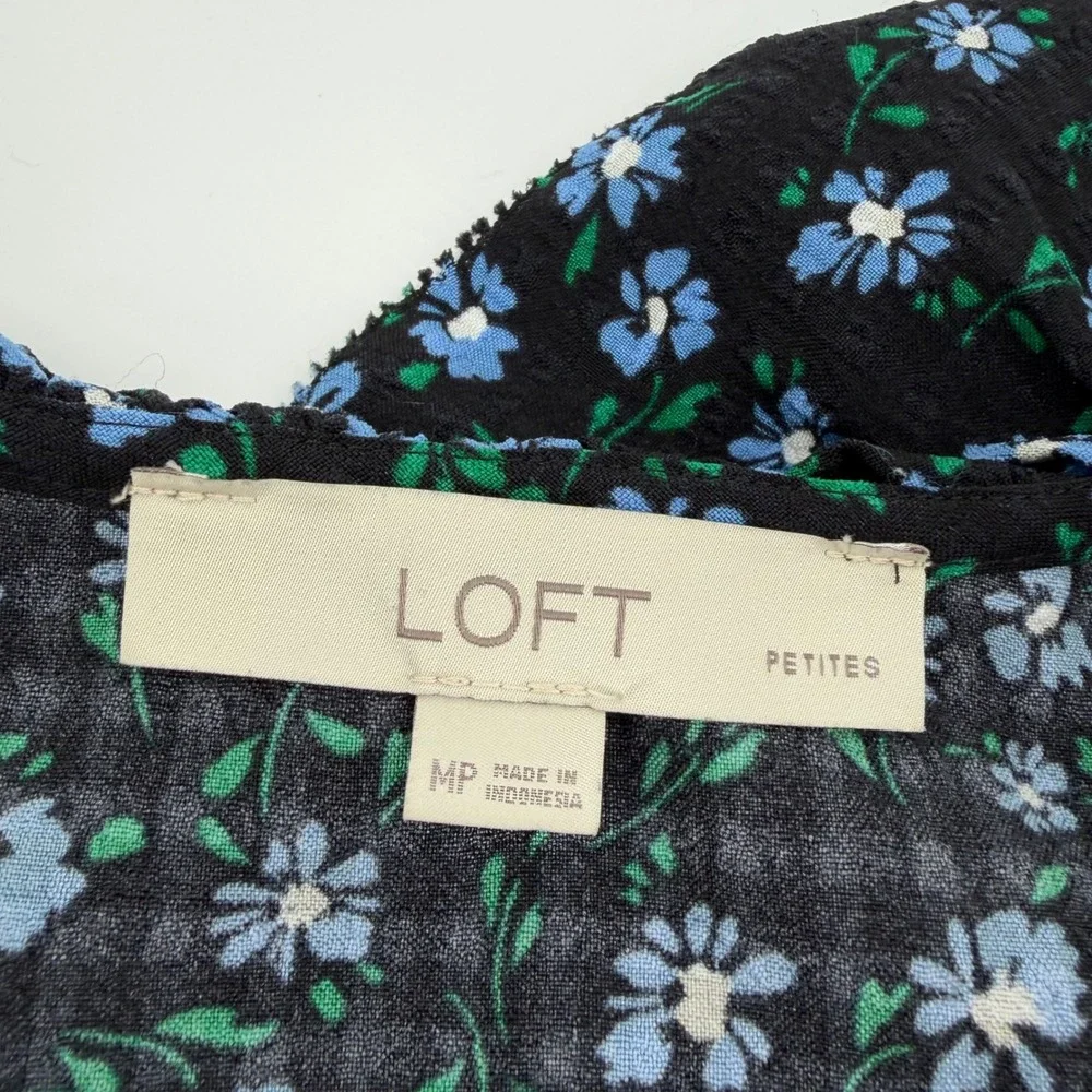 Loft Blouse Black Blue Floral Women M Petite Ruffle V-Neck Long Sleeve Tie Front